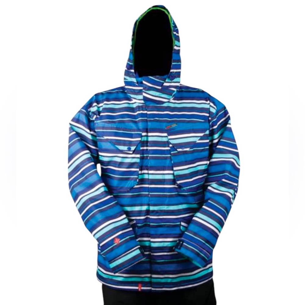 Foursquare blue multi-striped hooded snowboarding jacket size XL.